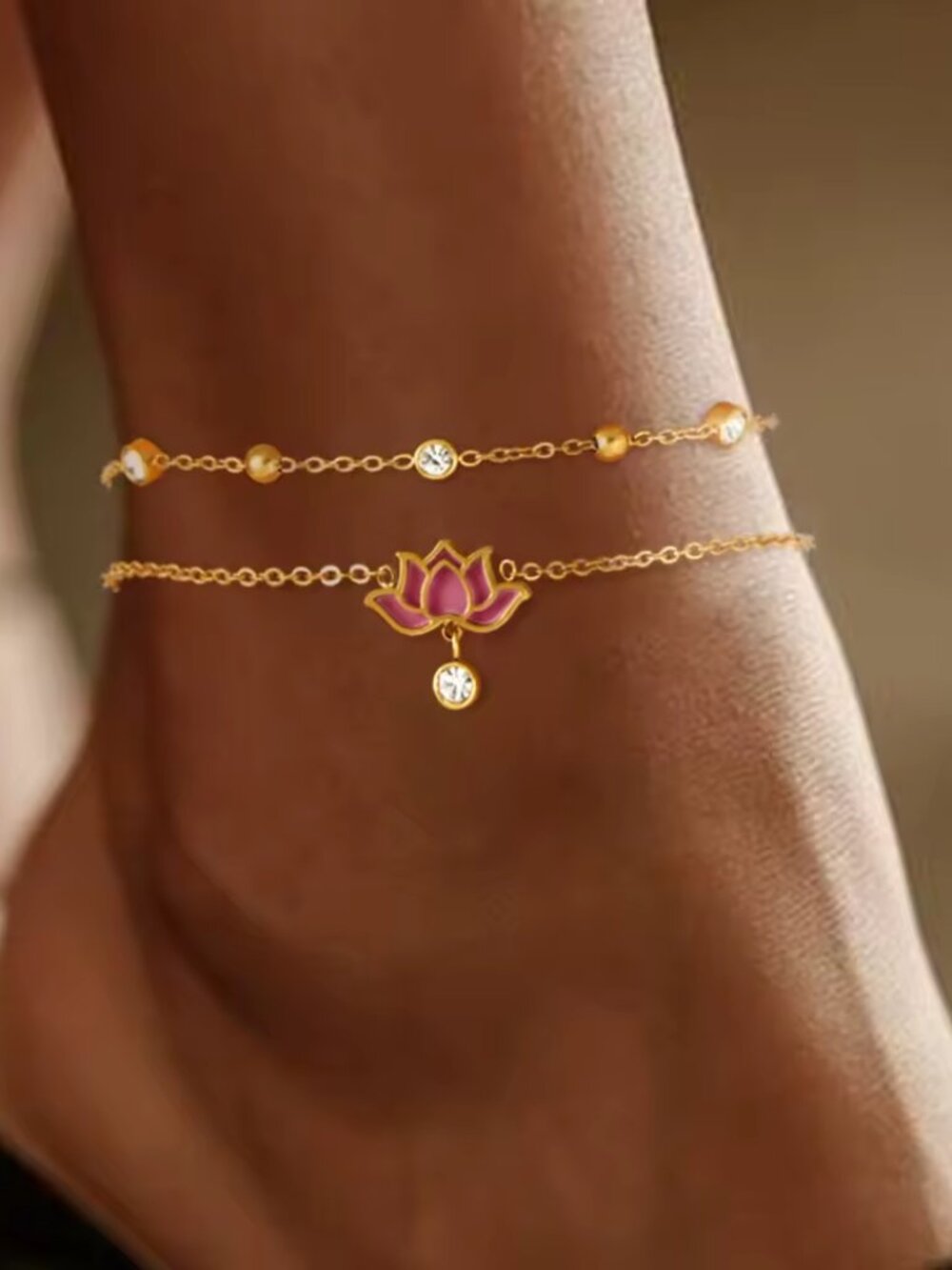 Gold Lotus Anklet with Pink Enamel & Crystals - Stainless Steel